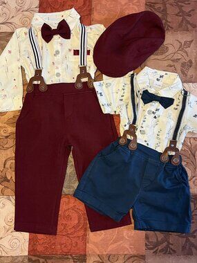 Baby Boy Wedding Special Occasion 2 Outfits 6-12 Months Suspenders Bow Tie Hat